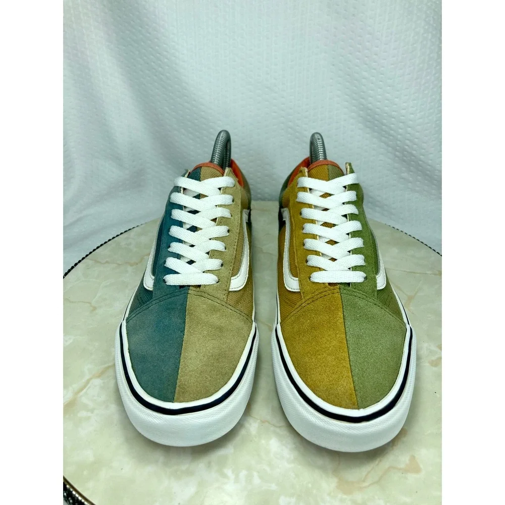 Vans Multi Color Block Skater Shoes Women 8.5 Green Tan Patchwork Retro Sneakers